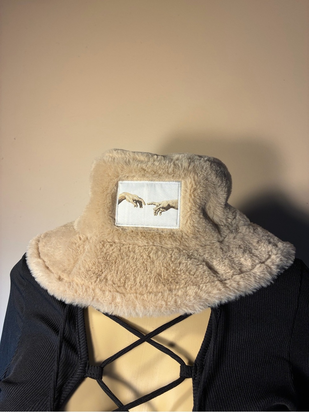 SHEIN Beige Faux Fur Bucket Hat with Embroidered Hands Patch